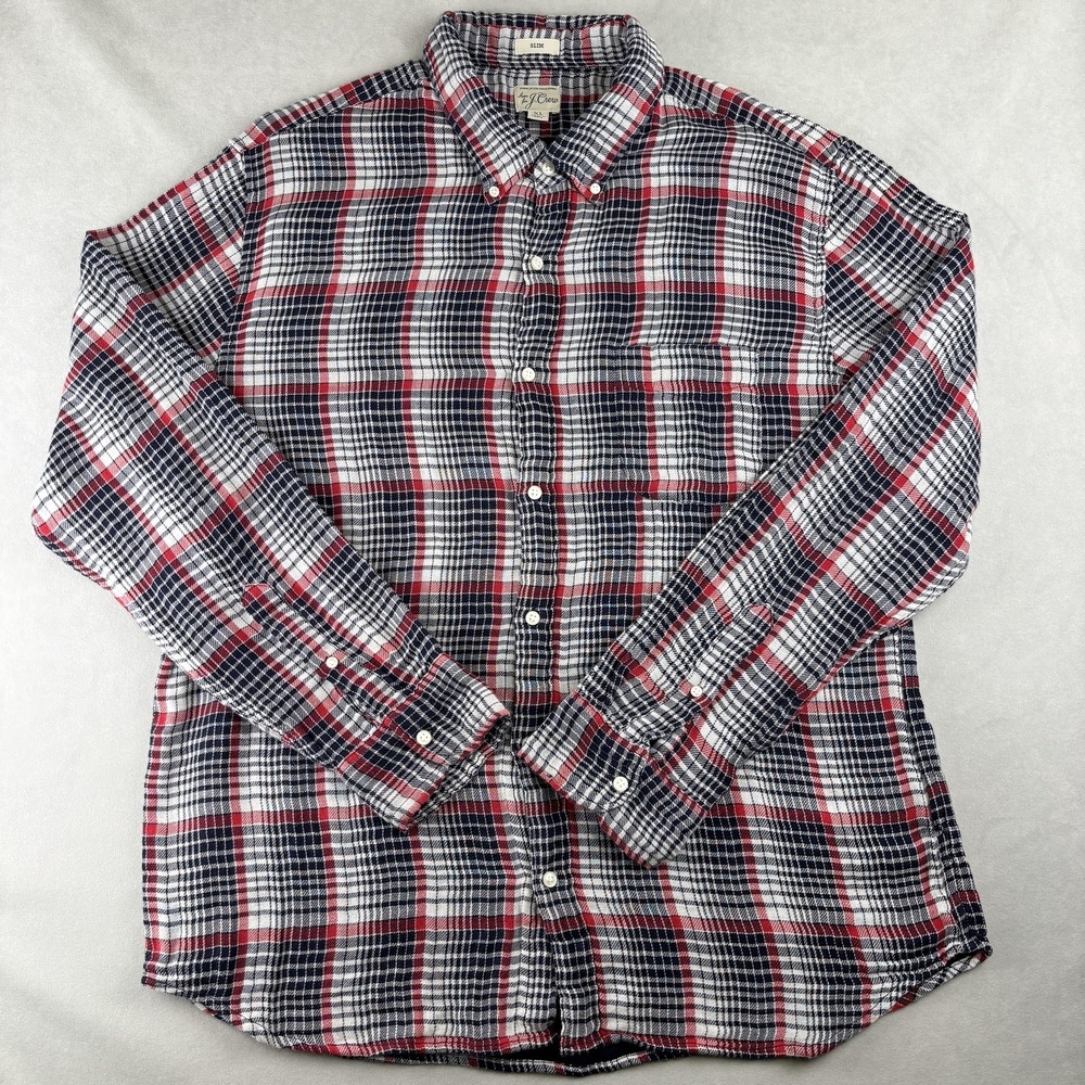 J.Crew Shirt Red Blue Plaid Slim Fit Button Down Long Sleeve Seersucker Prep XL
